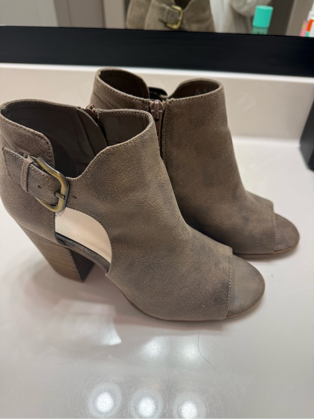 Fergalicious Taupe Suede Open-Toe Block Heel Booties